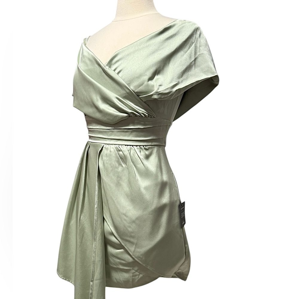 Lulus Always Celebrating Sage Asymmetrical Off Shoulder Mini Dress Small NWT - Picture 5 of 16